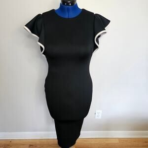 Calvin Klein Black Ruffle BodyCon Sheath Dress w/White Piping Ruffle Trim